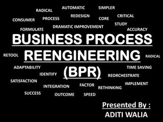 BUSINESS PROCESS
REENGINEERING
(BPR)
RADICAL
REDESIGN
RETHINKING
COREPROCESS
FORMULATE
STUDY
IMPLEMENT
IDENTIFY
OUTCOME SPEED
ACCURACY
ADAPTABILITY
INTEGRATION
DRAMATIC IMPROVEMENT
Presented By :
ADITI WALIA
CONSUMER
SATISFACTION
RADICAL
CRITICAL
SUCCESS
FACTOR
AUTOMATIC SIMPLER
TIME SAVING
RETOOL
REORCHESTRATE
 