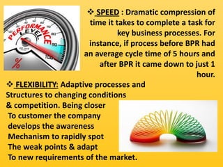 ❖ SPEED : Dramatic compression of
time it takes to complete a task for
key business processes. For
instance, if process be...
