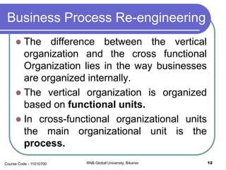 Business Process Re-engineering
 The difference between the vertical
organization and the cross functional
Organization lies in the way businesses
are organized internally.
 The vertical organization is organized
based on functional units.
 In cross-functional organizational units
the main organizational unit is the
process.
RNB Global University, Bikaner. 12Course Code - 11010700
 