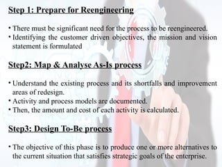 Step 1: Prepare for Reengineering
• There must be significant need for the process to be reengineered.
• Identifying the customer driven objectives, the mission and vision
statement is formulated
Step2: Map & Analyse As-Is process
• Understand the existing process and its shortfalls and improvement
areas of redesign.
• Activity and process models are documented.
• Then, the amount and cost of each activity is calculated.
Step3: Design To-Be process
• The objective of this phase is to produce one or more alternatives to
the current situation that satisfies strategic goals of the enterprise.
 