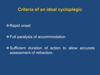 Criteria of an ideal cycloplegic
Rapid onset
Full paralysis of accommodation
Sufficient duration of action to allow accurate
assessment of refraction.
 