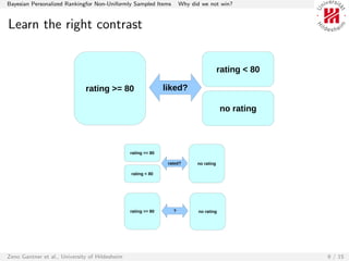 Bayesian Personalized Rankingfor Non-Uniformly Sampled Items          Why did we not win?


Learn the right contrast


                                                                                        rating < 80

                              rating >= 80                     liked?

                                                                                         no rating




                                                rating >= 80

                                                                rated?      no rating

                                                rating < 80




                                                rating >= 80      ?          no rating




Zeno Gantner et al., University of Hildesheim                                                         9 / 15
 