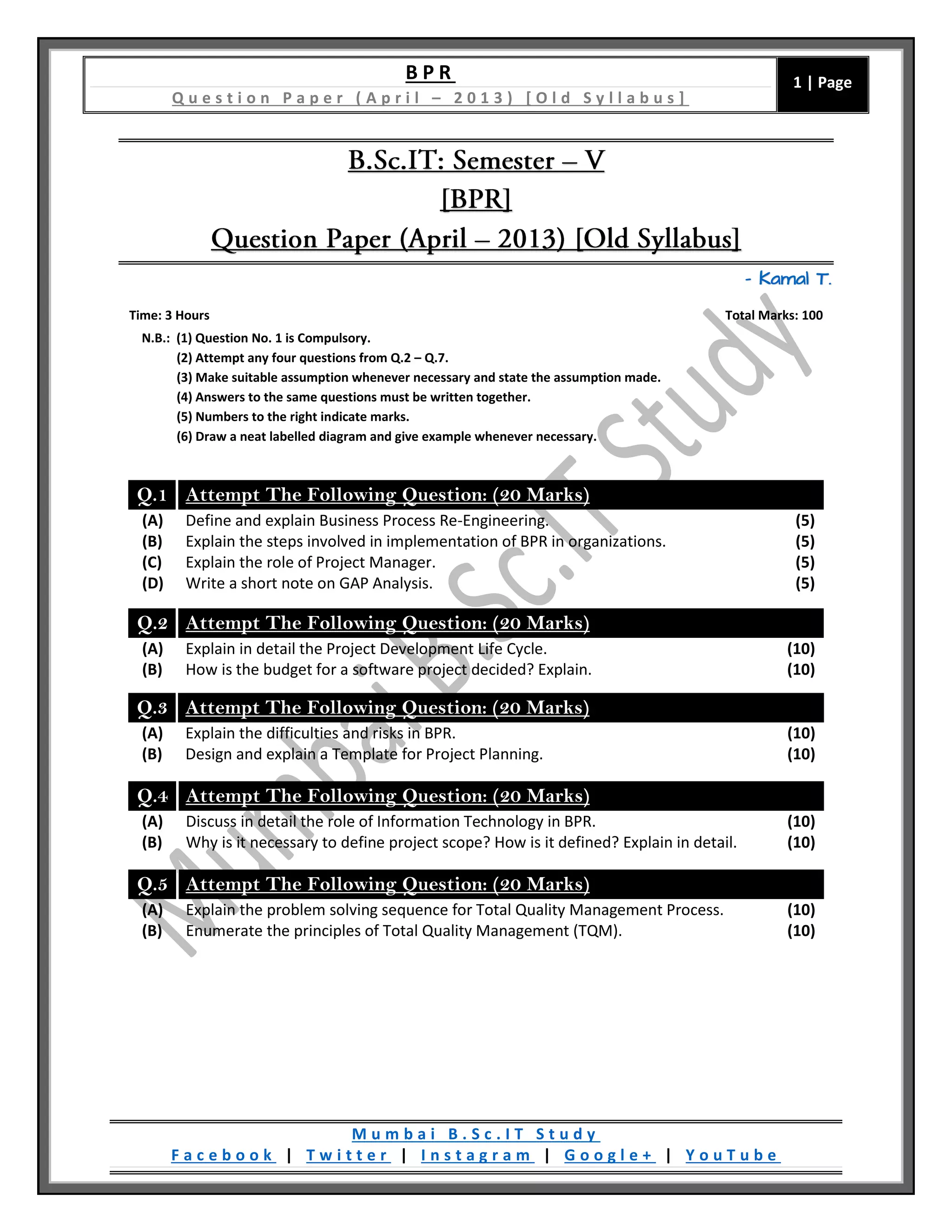 [Question Paper] BPR (Old Syllabus) [April / 2013] | PDF