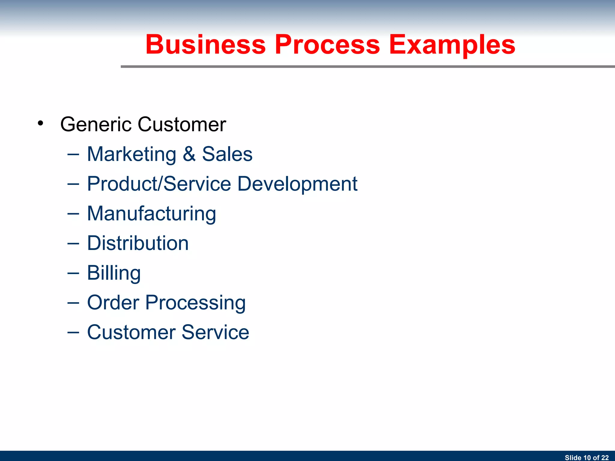 Generic Customer Marketing & Sales Product/Service Development Manufacturing Distribution Billing Order Processing Customer Service Business Process Examples 