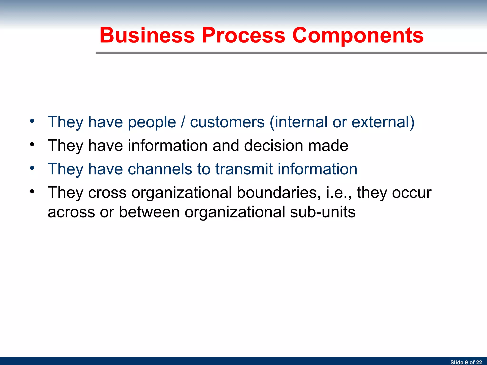 Business Process Components They have people / customers (internal or external) They have information and decision made  They have channels to transmit information   They cross organizational boundaries, i.e., they occur across or between organizational sub-units 