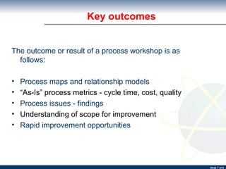Key outcomes The outcome or result of a process workshop is as follows: Process maps and relationship models “ As-Is” process metrics - cycle time, cost, quality Process issues - findings Understanding of scope for improvement Rapid improvement opportunities 