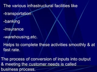 The various infrastructural facilities like -transportation -banking -insurance -warehousing,etc. Helps to complete these activities smoothly & at fast rate. The process of conversion of inputs into output & meeting the customer needs is called business process. 