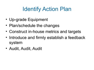Identify Action Plan 
• Up-grade Equipment 
• Plan/schedule the changes 
• Construct in-house metrics and targets 
• Introduce and firmly establish a feedback 
system 
• Audit, Audit, Audit 
 