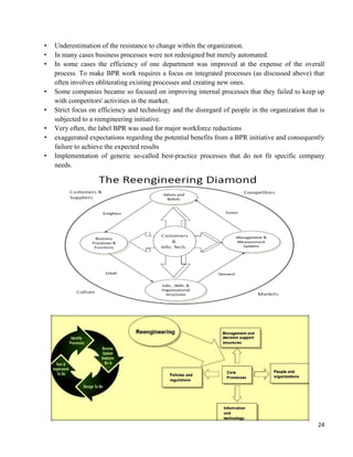 24
• Underestimation of the resistance to change within the organization.
• In many cases business processes were not redesigned but merely automated.
• In some cases the efficiency of one department was improved at the expense of the overall
process. To make BPR work requires a focus on integrated processes (as discussed above) that
often involves obliterating existing processes and creating new ones.
• Some companies became so focused on improving internal processes that they failed to keep up
with competitors' activities in the market.
• Strict focus on efficiency and technology and the disregard of people in the organization that is
subjected to a reengineering initiative.
• Very often, the label BPR was used for major workforce reductions
• exaggerated expectations regarding the potential benefits from a BPR initiative and consequently
failure to achieve the expected results
• Implementation of generic so-called best-practice processes that do not fit specific company
needs.
 