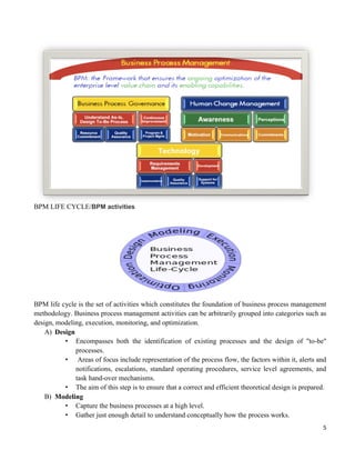 5
BPM LIFE CYCLE/BPM activities
BPM life cycle is the set of activities which constitutes the foundation of business process management
methodology. Business process management activities can be arbitrarily grouped into categories such as
design, modeling, execution, monitoring, and optimization.
A) Design
• Encompasses both the identification of existing processes and the design of "to-be"
processes.
• Areas of focus include representation of the process flow, the factors within it, alerts and
notifications, escalations, standard operating procedures, service level agreements, and
task hand-over mechanisms.
• The aim of this step is to ensure that a correct and efficient theoretical design is prepared.
B) Modeling
• Capture the business processes at a high level.
• Gather just enough detail to understand conceptually how the process works.
 