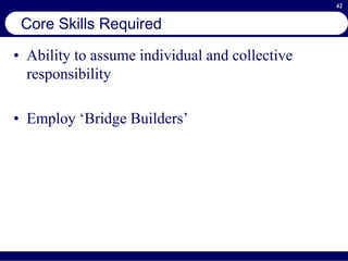42
Core Skills Required
• Ability to assume individual and collective
responsibility
• Employ ‘Bridge Builders’
 