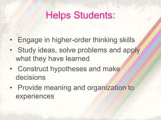 Helps Students: 
• Engage in higher-order thinking skills 
• Study ideas, solve problems and apply 
what they have learned 
• Construct hypotheses and make 
decisions 
• Provide meaning and organization to 
experiences 
 
