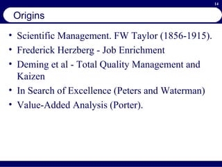Origins Scientific Management. FW Taylor (1856-1915).  Frederick Herzberg - Job Enrichment  Deming et al - Total Quality Management and Kaizen  In Search of Excellence (Peters and Waterman)  Value-Added Analysis (Porter). 
