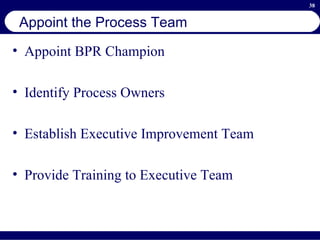 Appoint the Process Team Appoint BPR Champion Identify Process Owners Establish Executive Improvement Team Provide Training to Executive Team 