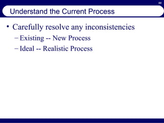 Understand the Current Process Carefully resolve any inconsistencies Existing -- New Process Ideal -- Realistic Process 
