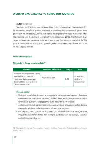 O Corpo das Garotas / O Corpo dos Garotos


      Autor: Jairo Bouer
      São duas publicações – uma para garotas e outra para garotos – nas quais o autor,
de forma clara, simples e objetiva, esclarece as principais dúvidas que uma garota e um
garoto têm na adolescência, como a anatomia dos órgãos femininos e masculinos inter-
nos e externos, as mudanças e o desenvolvimento rápido do corpo. Traz também dicas
como, por exemplo, formas de tratar de cravos e espinhas, diminuir os efeitos da TPM
(para as meninas) e enfatiza que o/a ginecologista e o/a urologista são aliados importan-
tes nessa época da vida.



Atividades sugeridas


Atividade 1: Corpo e autocuidado13


             Objetivo                   Materiais necessários   Tempo           Ciclo

 Promover atitudes mais saudáveis
 e protegidas por meio da                                                  6º ao 8º ano
                                      Papel ofício, lápis
 construção da compreensão                                      1h30       do Ensino
 do conceito de autocuidado e                                              Fundamental
 cuidado com o outro.



      Passo a passo
      •	 Distribua uma folha de papel e uma caneta para cada participante. Diga para
        escreverem em sua folha a palavra CUIDADO. Peça, então, que anotem todas as
        lembranças que vêm à cabeça sobre o ato de cuidar e ser cuidado.
      •	 Após cinco minutos, aproximadamente, cada um deve ler suas anotações. Escreva
        no quadro a lista de todas as palavras e frases que surgirem.
      •	 Em seguida, junto com os participantes, procure identificar as associações mais
        frequentes que foram feitas. Por exemplo: cuidados com as crianças, cuidados
        realizados pelas mães, etc.



13. Adaptado do manual Paternidade e cuidado, Instituto Papai, série Trabalhando com homens
jovens, 2002.


 30
 
