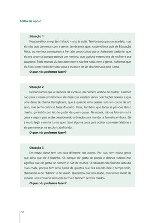 Folha de apoio



      Situação 1
      Nossa melhor amiga tem faltado muito às aulas. Telefonamos para a casa dela, mas
  ela não quis conversar com a gente. Lembramos que, na penúltima aula de Educação
  Física, os meninos começaram a lhe falar umas coisas que a chatearam bastante: que
  ela era anormal porque parecia um menino, que gostava mesmo era de mulher e era
  sapatona. Todo mundo viu isso acontecer e não fez nada, nem a gente. Achamos que
  ela ficou com medo de voltar para a escola e de ser discriminada pela turma.
      O que nós podemos fazer?




      Situação 2
      Desconfiamos que a faxineira da escola é um homem vestido de mulher. Falamos
  isso para a nossa professora e ela disse que existem várias orientações sexuais e que
  uma delas se chama transgênero, que é quando uma pessoa tem um corpo de um
  sexo, mas sente como se fosse do outro. Disse, também, que todas as pessoas têm o
  direito, garantido por lei, de gostar de quem quiser. Na escola, não se fala em outra
  coisa e alguns pais estão pressionando a direção para mandar a faxineira embora. Ela
  é muito legal e minha turma quer fazer alguma coisa para acabar com esse falatório e
  ela permanecer na escola trabalhando.
      O que nós podemos fazer?




      Situação 3
      Em nossa classe tem um cara diferente dos outros. Por isso, tem muita gente
  que acha que ele é frutinha. Só porque ele gosta de poesia e detesta futebol isso
  significa que ele gosta de homem e não de mulher? A situação está ficando cada dia
  mais chata, porque tem uma turma de garotos que fica zoando dele o tempo todo,
  chamando-o de “bâmbi” e de veado. Queremos que isso acabe, mas temos medo de
  encarar uma conversa com esta turma e também sermos zoados.
      O que nós podemos fazer? 	




 50
 