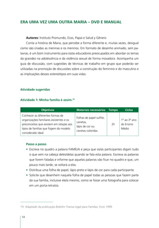 Era uma vez uma outra Maria – DVD e manual


      Autores: Instituto Promundo, Ecos, Papai e Salud y Gênero
      Conta a história de Maria, que percebe a forma diferente e, muitas vezes, desigual
como são criadas as meninas e os meninos. Em formato de desenho animado, sem pa-
lavras, é um bom instrumento para os/as educadores preocupados em abordar os temas
da gravidez na adolescência e da violência sexual de forma inovadora. Acompanha um
guia de discussão, com sugestões de técnicas de trabalho em grupo que poderão ser
utilizadas na promoção de discussões sobre a construção do feminino e do masculino e
as implicações desses estereótipos em suas vidas.



Atividade sugeridas


Atividade 1: Minha família é assim.19


                 Objetivos                  Materiais necessários      Tempo      Ciclos
 Conhecer as diferentes formas de
                                            Folhas de papel sulfite,
 organizações familiares existentes e os                                       1º ao 3º ano
                                            canetas,
 preconceitos que existem em relação aos                                2h     do Ensino
                                            lápis de cor ou
 tipos de famílias que fogem do modelo                                         Médio
                                            canetas coloridas.
 considerado ideal.


      Passo a passo
      •	 Escreva no quadro a palavra FAMÍLIA e peça que os/as participantes digam tudo
        o que vem na cabeça deles/delas quando se fala esta palavra. Escreva as palavras
        que forem faladas e informe que aquelas palavras vão ficar no quadro e que, um
        pouco mais tarde, se voltará a elas.
      •	 Distribua uma folha de papel, lápis preto e lápis de cor para cada participante.
      •	 Solicite que desenhem naquela folha de papel todas as pessoas que fazem parte
        da sua família, inclusive ele/a mesmo, como se fosse uma fotografia para colocar
        em um porta-retratos.




19. Adaptado da publicação Boletim Transa Legal para Famílias, Ecos 1999.


 54
 