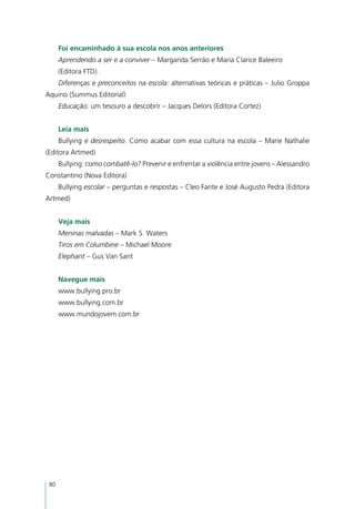 Foi encaminhado à sua escola nos anos anteriores
      Aprendendo a ser e a conviver – Margarida Serrão e Maria Clarice Baleeiro
      (Editora FTD).
      Diferenças e preconceitos na escola: alternativas teóricas e práticas – Julio Groppa
Aquino (Summus Editorial)
      Educação: um tesouro a descobrir – Jacques Delors (Editora Cortez)


      Leia mais
      Bullying e desrespeito. Como acabar com essa cultura na escola – Marie Nathalie
(Editora Artmed)
      Bullying: como combatê-lo? Prevenir e enfrentar a violência entre jovens – Alessandro
Constantino (Nova Editora)
      Bullying escolar – perguntas e respostas – Cleo Fante e José Augusto Pedra (Editora
Artmed)


      Veja mais
      Meninas malvadas – Mark S. Waters
      Tiros em Columbine – Michael Moore
      Elephant – Gus Van Sant


      Navegue mais
      www.bullying.pro.br
      www.bullying.com.br
      www.mundojovem.com.br




 80
 