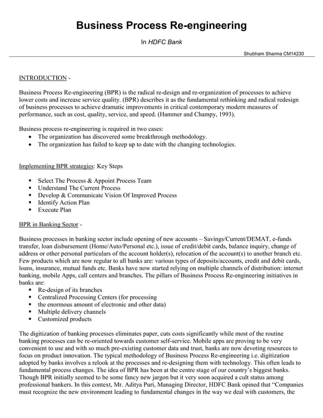 Business Process Reengineering in HDFC Bank PDF