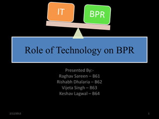 Role of Technology on BPR
                        Presented By:-
                    Raghav Sareen – B61
                   Rishabh Dhalaria – B62
                      Vijeta Singh – B63
                    Keshav Lagwal – B64


2/12/2013                                   1
 