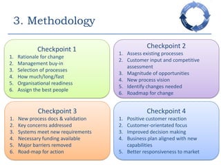 3. MethodologyCheckpoint 1Rationale for changeManagement buy-inSelection of processesHow much/long/fastOrganisational readinessAssign the best peopleCheckpoint 2Assess existing processesCustomer input and competitive assessmentMagnitude of opportunitiesNew process visionIdentify changes neededRoadmap for change Checkpoint 3New process docs & validationKey concerns addressedSystems meet new requirementsNecessary funding availableMajor barriers removedRoad-map for actionCheckpoint 4Positive customer reactionCustomer-orientated focusImproved decision makingBusiness plan aligned with new capabilitiesBetter responsiveness to market