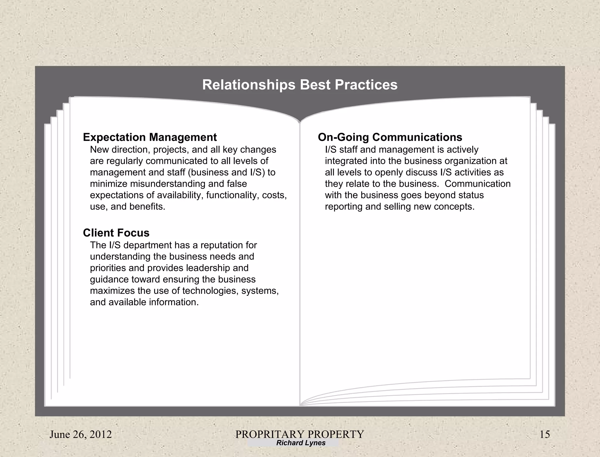 Relationships Best Practices


      Expectation Management                                      On-Going Communications
        New direction, projects, and all key changes                I/S staff and management is actively
        are regularly communicated to all levels of                 integrated into the business organization at
        management and staff (business and I/S) to                  all levels to openly discuss I/S activities as
        minimize misunderstanding and false                         they relate to the business. Communication
        expectations of availability, functionality, costs,         with the business goes beyond status
        use, and benefits.                                          reporting and selling new concepts.

      Client Focus
        The I/S department has a reputation for
        understanding the business needs and
        priorities and provides leadership and
        guidance toward ensuring the business
        maximizes the use of technologies, systems,
        and available information.




June 26, 2012                                PROPRITARY PROPERTY                                                     15
                                                        Richard Lynes
 