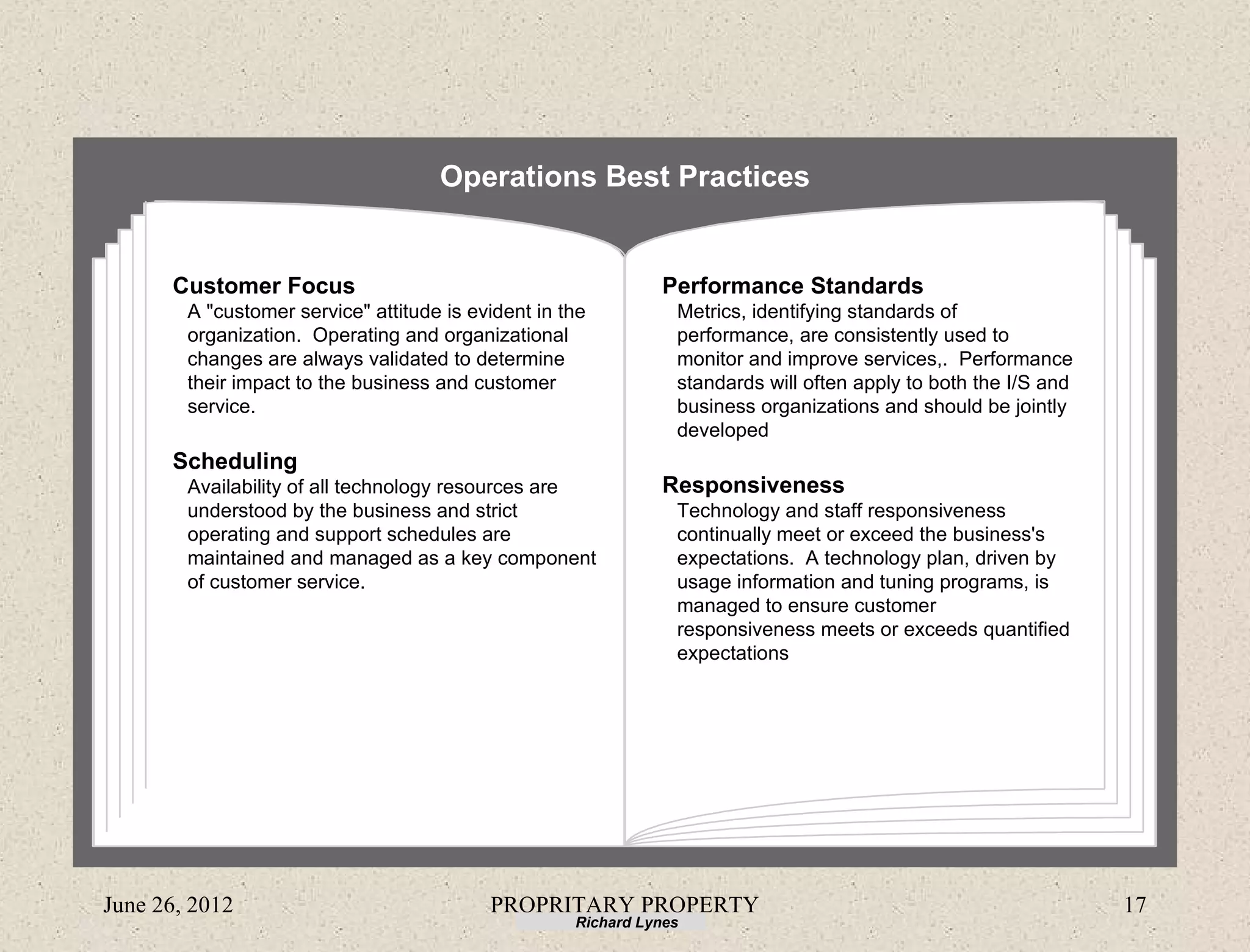 Operations Best Practices


      Customer Focus                                           Performance Standards
        A "customer service" attitude is evident in the          Metrics, identifying standards of
        organization. Operating and organizational               performance, are consistently used to
        changes are always validated to determine                monitor and improve services,. Performance
        their impact to the business and customer                standards will often apply to both the I/S and
        service.                                                 business organizations and should be jointly
                                                                 developed
      Scheduling
        Availability of all technology resources are           Responsiveness
        understood by the business and strict                    Technology and staff responsiveness
        operating and support schedules are                      continually meet or exceed the business's
        maintained and managed as a key component                expectations. A technology plan, driven by
        of customer service.                                     usage information and tuning programs, is
                                                                 managed to ensure customer
                                                                 responsiveness meets or exceeds quantified
                                                                 expectations




June 26, 2012                              PROPRITARY PROPERTY                                                    17
                                                     Richard Lynes
 