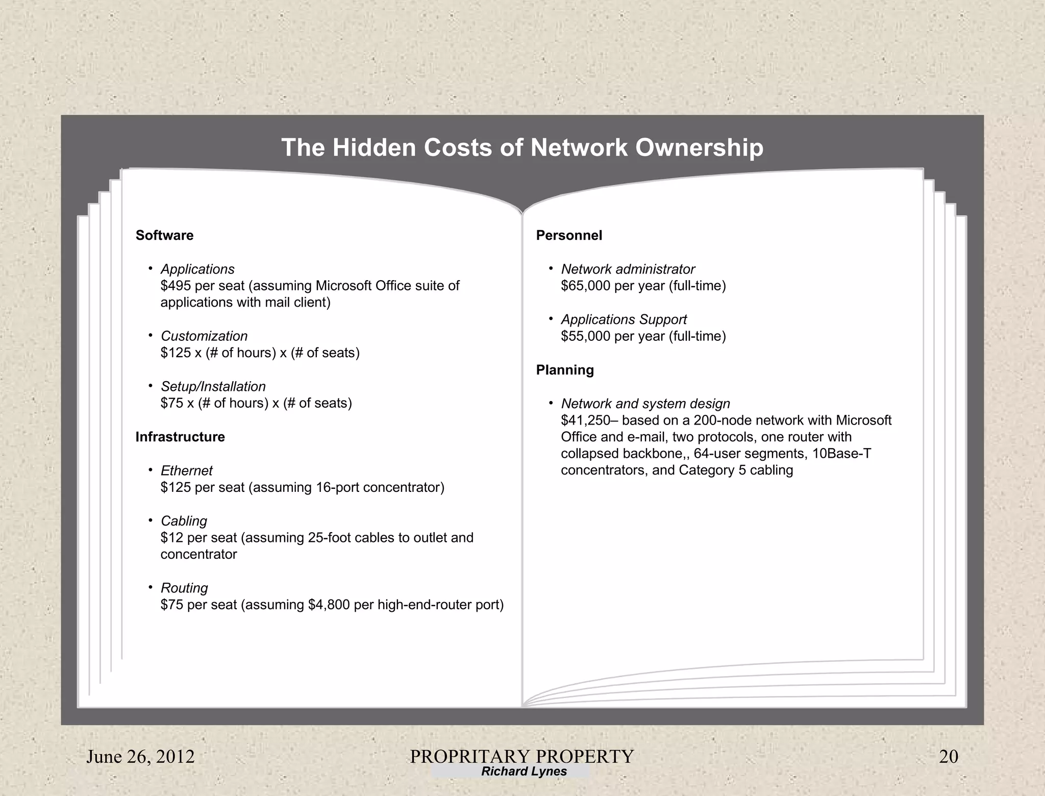 The Hidden Costs of Network Ownership


     Software                                                          Personnel

       • Applications                                                    • Network administrator
         $495 per seat (assuming Microsoft Office suite of                 $65,000 per year (full-time)
         applications with mail client)
                                                                         • Applications Support
       • Customization                                                     $55,000 per year (full-time)
         $125 x (# of hours) x (# of seats)
                                                                       Planning
       • Setup/Installation
         $75 x (# of hours) x (# of seats)                               • Network and system design
                                                                           $41,250– based on a 200-node network with Microsoft
     Infrastructure                                                        Office and e-mail, two protocols, one router with
                                                                           collapsed backbone,, 64-user segments, 10Base-T
       • Ethernet                                                          concentrators, and Category 5 cabling
         $125 per seat (assuming 16-port concentrator)

       • Cabling
         $12 per seat (assuming 25-foot cables to outlet and
         concentrator

       • Routing
         $75 per seat (assuming $4,800 per high-end-router port)




June 26, 2012                                    PROPRITARY PROPERTY                                                             20
                                                               Richard Lynes
 