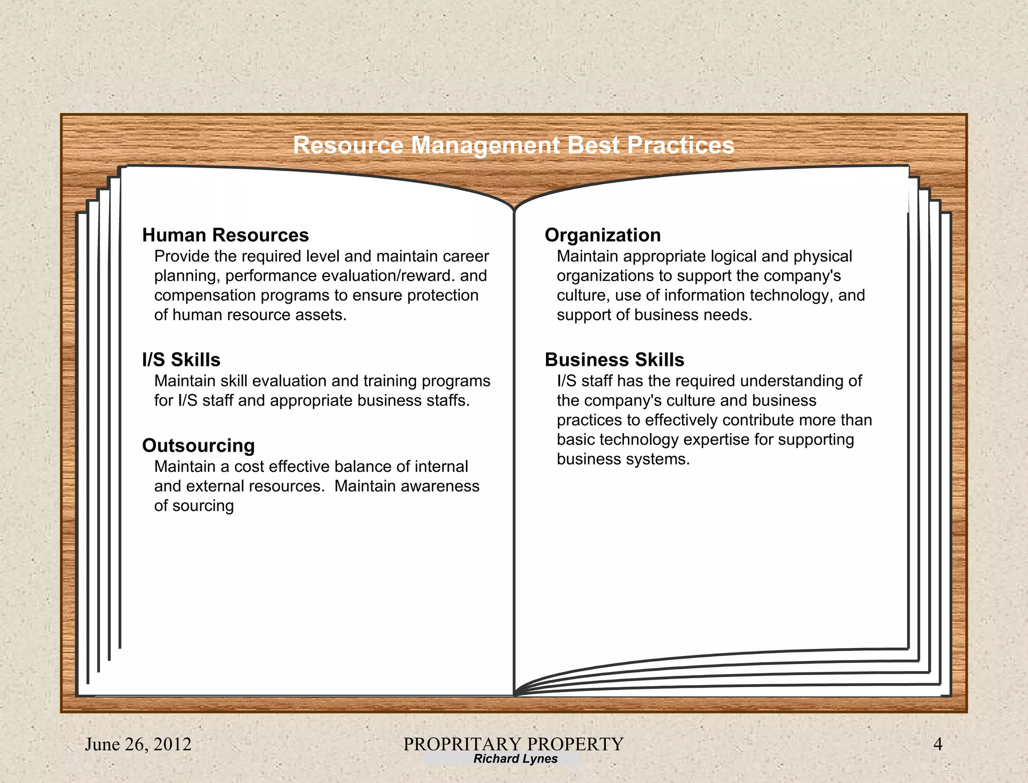 Resource Management Best Practices


      Human Resources                                         Organization
        Provide the required level and maintain career          Maintain appropriate logical and physical
        planning, performance evaluation/reward. and            organizations to support the company's
        compensation programs to ensure protection              culture, use of information technology, and
        of human resource assets.                               support of business needs.

      I/S Skills                                              Business Skills
        Maintain skill evaluation and training programs         I/S staff has the required understanding of
        for I/S staff and appropriate business staffs.          the company's culture and business
                                                                practices to effectively contribute more than
      Outsourcing                                               basic technology expertise for supporting
        Maintain a cost effective balance of internal           business systems.
        and external resources. Maintain awareness
        of sourcing




June 26, 2012                             PROPRITARY PROPERTY                                                   4
                                                    Richard Lynes
 