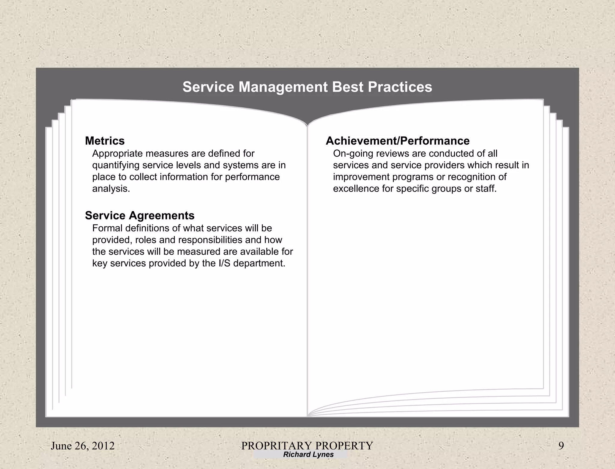 Service Management Best Practices


      Metrics                                                 Achievement/Performance
        Appropriate measures are defined for                    On-going reviews are conducted of all
        quantifying service levels and systems are in           services and service providers which result in
        place to collect information for performance            improvement programs or recognition of
        analysis.                                               excellence for specific groups or staff.

      Service Agreements
        Formal definitions of what services will be
        provided, roles and responsibilities and how
        the services will be measured are available for
        key services provided by the I/S department.




June 26, 2012                             PROPRITARY PROPERTY                                                    9
                                                    Richard Lynes
 