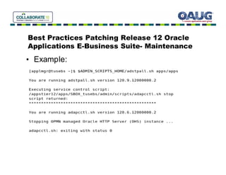 Best Practices Patching Release 12 Oracle
Applications E-Business Suite- Maintenance
• Example:
 