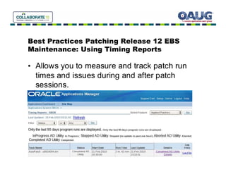 Best Practices Patching Release 12 EBS
Maintenance: Using Timing Reports

• Allows you to measure and track patch run
  times and issues during and after patch
  sessions.
 