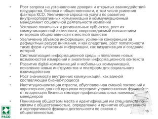 13 
•Рост запроса на установление доверия и открытых взаимодействий государства, бизнеса и общественности, в том числе усиление фактора КСО. Увеличение спроса на услуги по развитию внутрикорпоративных коммуникаций и коммуникационный менеджмент социальной деятельности компаний 
•Усиление локальных и региональных субъектов, рост их коммуникационной активности, сопровождаемый повышением интересов общественности к местной повестке 
•Увеличение объёмов информации, усиление конкуренции за дефицитный ресурс внимания, и как следствие, рост популярности таких форм «упаковки» информации, как визуализация и создание историй 
•Систематизация информационной среды и появление новых возможностей измерений и аналитики информационного контекста 
•Развитие digital-коммуникаций и мобильных коммуникаций, появление новых инструментов и платформ для социального взаимодействия 
•Рост значимости внутренних коммуникаций, как важной составляющей бизнес-процесса 
•Институционализация отрасли, обусловленная сменой поколений и характерного для неё процесса передачи управленческих функций от владельцев бизнеса команде профессиональных наемных менеджеров 
•Понимание обществом места и идентификация им специалиста по связям с общественностью, определение и принятие общественной и корпоративной функции деятельности по связям с общественностью.  