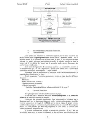 Naïssan LEMJID 2e
LAC Culture Entrepreneuriale II
6
4- Plan opérationnel et prévisions financières
a- Plan opérationnel
Cette partie doit présenter les opérations requises pour la mise en œuvre du
projet: quelles seront les principales actions menées sur les 3 premières années ? Sur la
première année, il est nécessaire de présenter dans le détail la succession des actions
prévues. Les années suivantes peuvent être présentées de manière plus brève, dans la
mesure où il est réaliste de penser que la première année permet d’apporter des
améliorations pour la suite.
Cette partie doit permettre de convaincre que l’on a su identifier les priorités et
les hiérarchiser et que l’on sait s’organiser. Ce plan d’action permet aussi d’identifier ce
qui doit être acquis pour pouvoir passer à l’étape suivante.
Il constitue enfin un outil utile par la suite pour suivre l’avancement du projet et
organiser les actions à mettre en place.
Il doit comprendre l’ensemble des actions à mettre en place dans les différents
domaines.
Questions
• Quel plan d’action sur 3 ans ?
- Grandes priorités, échéances
- Moyens nécessaires
• Quel plan d’action détaillé pour le lancement (année 1) du projet ?
b- Prévisions financières
Il s’agit de présenter le modèle de financement du projet.
Il convient donc d’établir les prévisions à la fois budgétaires et en termes de
trésorerie de manière la plus précise possible.
Concernant les ressources budgétaires, il est indispensable d’envisager dès le
démarrage quel sera le financement du projet sur les trois premières années : en effet,
montrer comment est envisagée la viabilité sur le moyen terme du projet est une
condition nécessaire pour convaincre un partenaire financier de soutenir le démarrage du
projet. S’il n’est présenté que dans une perspective de court terme, les chances sont
faibles de mobiliser des partenariats.
Il est utile également de réfléchir en termes de trésorerie : si sur 3 ans les
incertitudes sont fortes en termes de trésorerie et les prévisions sont simplement des
 