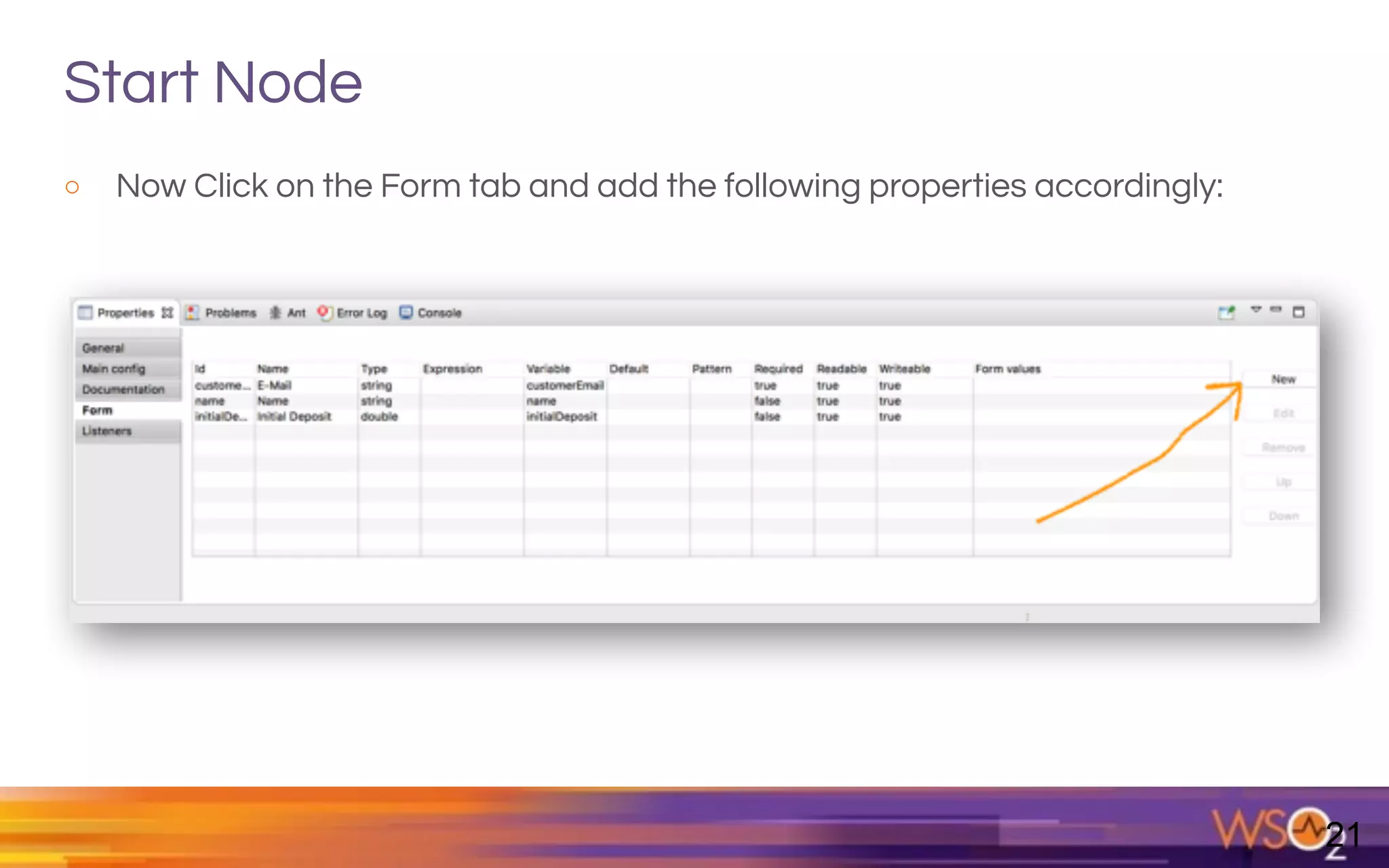 Start Node
o Now Click on the Form tab and add the following properties accordingly:
21
 