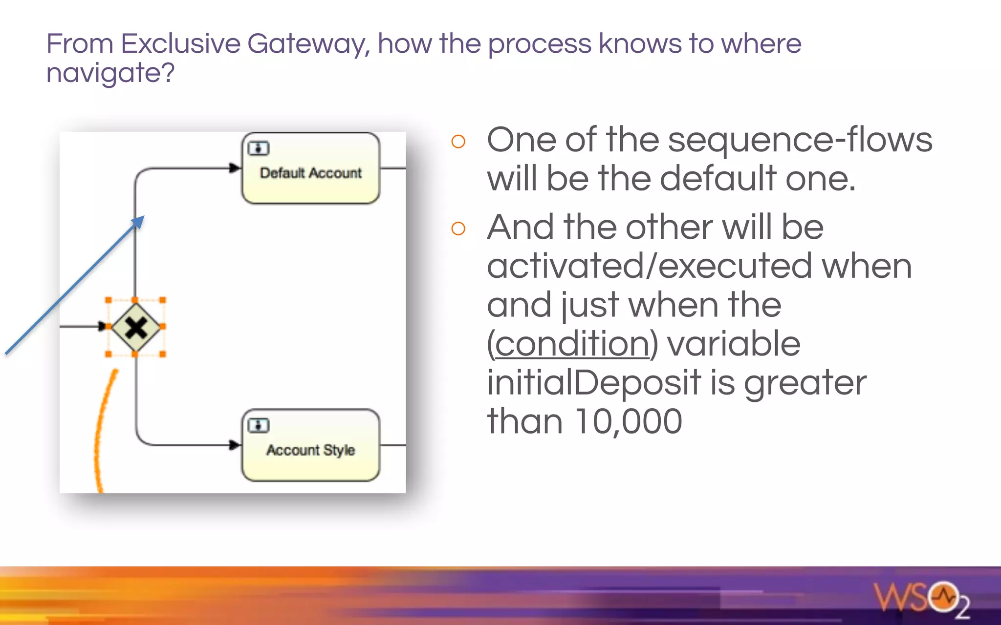 From Exclusive Gateway, how the process knows to where
navigate?
o One of the sequence-flows
will be the default one.
o And the other will be
activated/executed when
and just when the
(condition) variable
initialDeposit is greater
than 10,000
 
