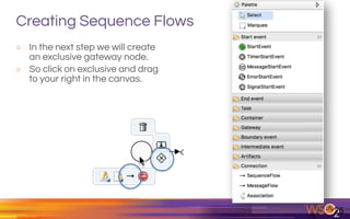 Creating Sequence Flows
o In the next step we will create
an exclusive gateway node.
o So click on exclusive and drag
to your right in the canvas.
25
 