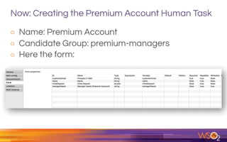 Now: Creating the Premium Account Human Task
o Name: Premium Account
o Candidate Group: premium-managers
o Here the form:  
 