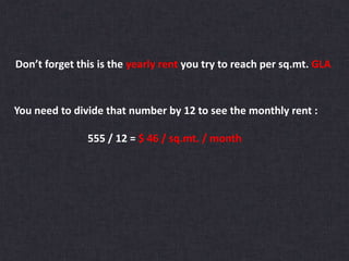 Don’t forget this is the yearly rent you try to reach per sq.mt. GLA
You need to divide that number by 12 to see the monthly rent :
555 / 12 = $ 46 / sq.mt. / month
 