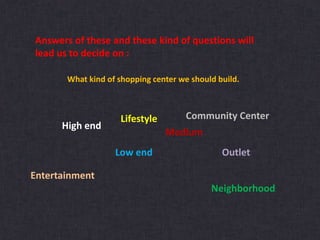 Answers of these and these kind of questions will
lead us to decide on :
What kind of shopping center we should build.
High end
Low end
Medium
Entertainment
Neighborhood
Outlet
Community CenterLifestyle
 