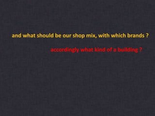and what should be our shop mix, with which brands ?
accordingly what kind of a building ?
 