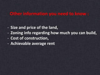 Total Cost :
Cost of land 45,000,000
Cost of construction 112,500,000
Soft costs (8% of const.) 9,000,000
Leasing & Market...