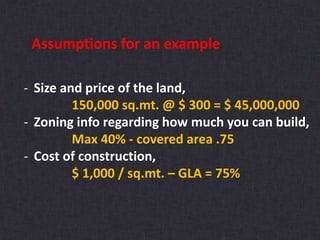 Cost per GLA :
GLA / Built Area = 75 %
112,500 x .75 = 84,375 sq.mt.
Cost per GLA = Cost of const. / GLA
= 187,125,000 / 8...