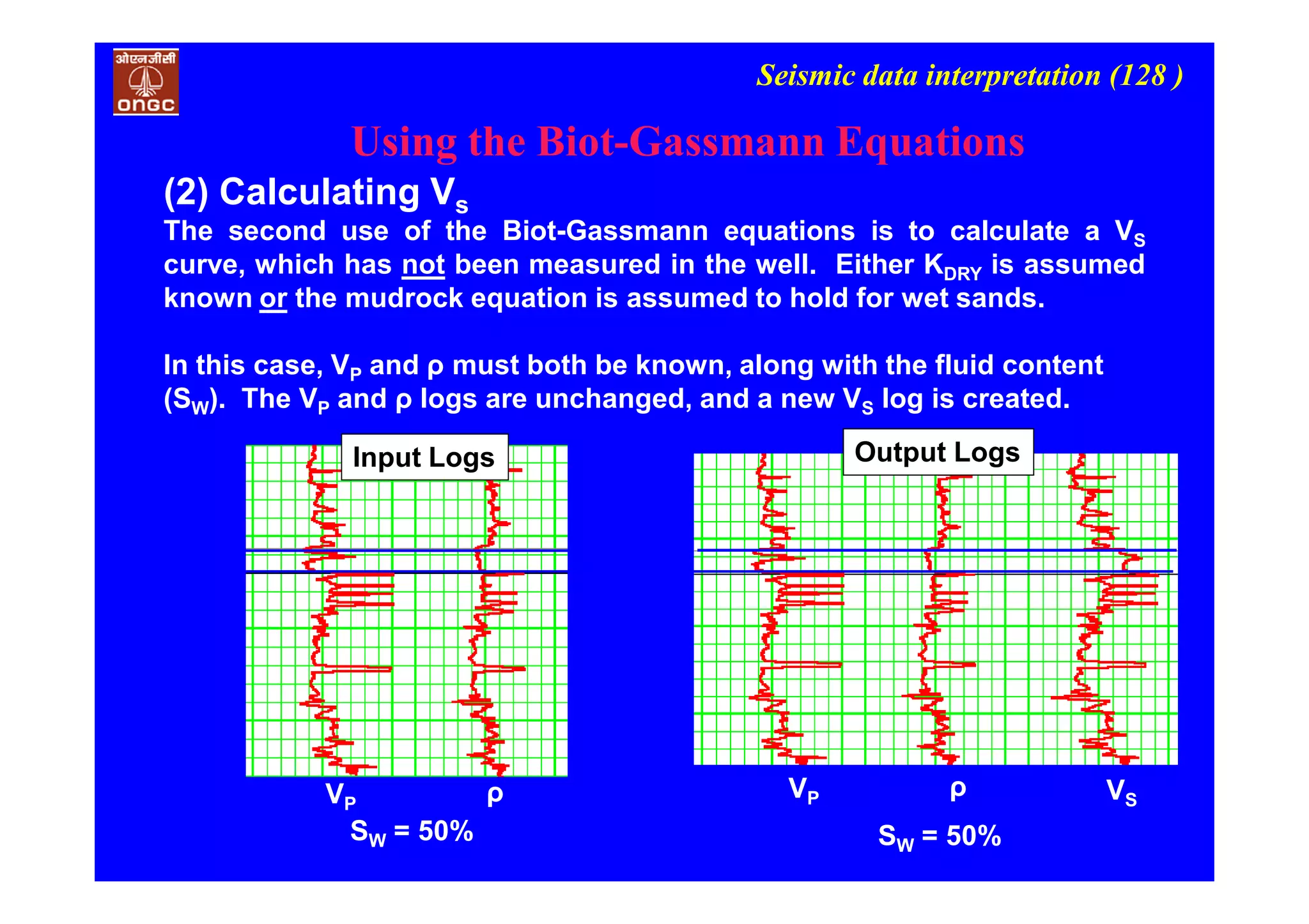 Seismic data interpretation (128 )
VP ρ
SW = 50%
VP VS
ρ
Input Logs Output Logs
(2) Calculating Vs
The second use of the Biot-Gassmann equations is to calculate a VS
curve, which has not been measured in the well. Either KDRY is assumed
known or the mudrock equation is assumed to hold for wet sands.
In this case, VP and ρ must both be known, along with the fluid content
(SW). The VP and ρ logs are unchanged, and a new VS log is created.
SW = 50%
Using the Biot-Gassmann Equations
 