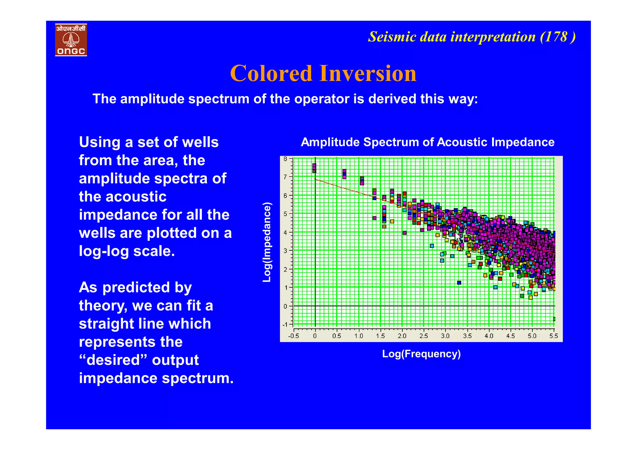 Seismic data interpretation (178 )
The amplitude spectrum of the operator is derived this way:
Using a set of wells
from the area, the
amplitude spectra of
the acoustic
impedance for all the
wells are plotted on a
log-log scale.
As predicted by
theory, we can fit a
straight line which
represents the
“desired” output
impedance spectrum.
Log(Frequency)
Log(Impedance)
Amplitude Spectrum of Acoustic Impedance
Colored Inversion
 