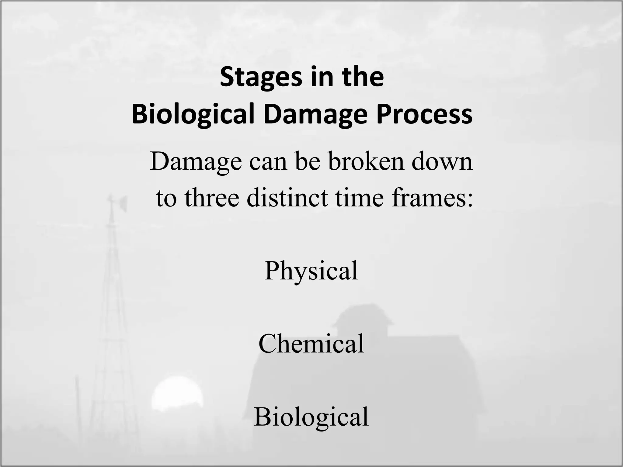 Stages in the
Biological Damage Process
Damage can be broken down
to three distinct time frames:
Physical
Chemical
Biological
 