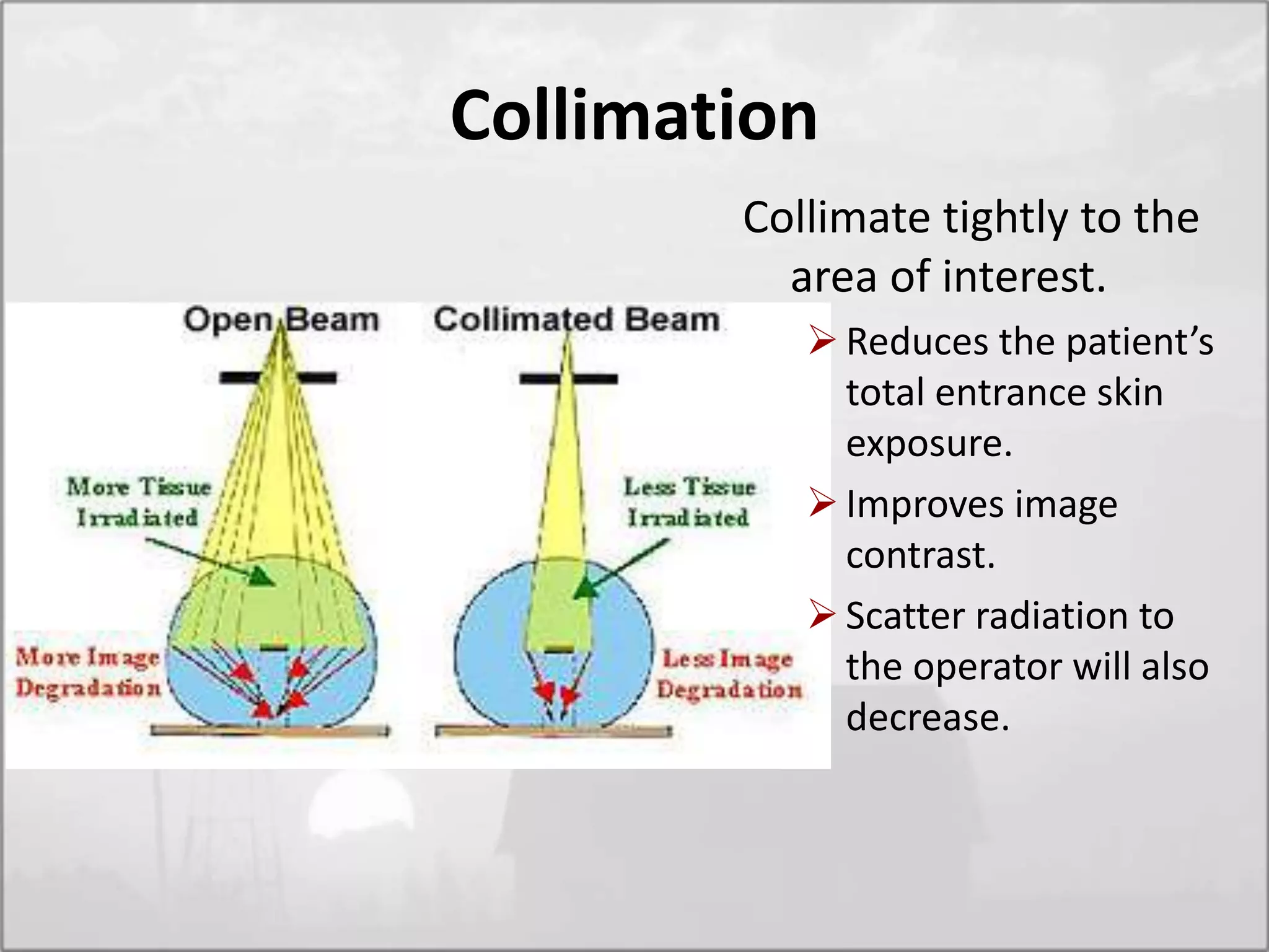 Collimation
Collimate tightly to the
area of interest.
Reduces the patient’s
total entrance skin
exposure.
Improves image
contrast.
Scatter radiation to
the operator will also
decrease.
 