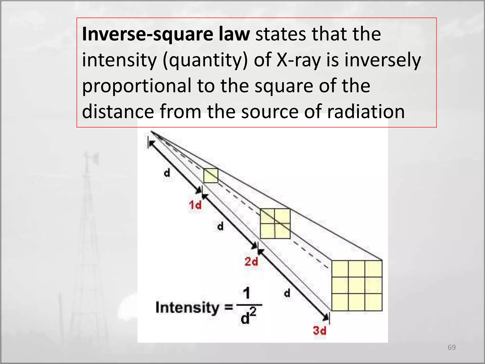 Inverse-square law states that the
intensity (quantity) of X-ray is inversely
proportional to the square of the
distance from the source of radiation
69
 
