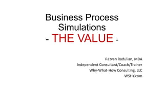 Business Process
Simulations
- THE VALUE -
Razvan Radulian, MBA
Independent Consultant/Coach/Trainer
Why-What-How Consulting, LLC
W5HY.com
 